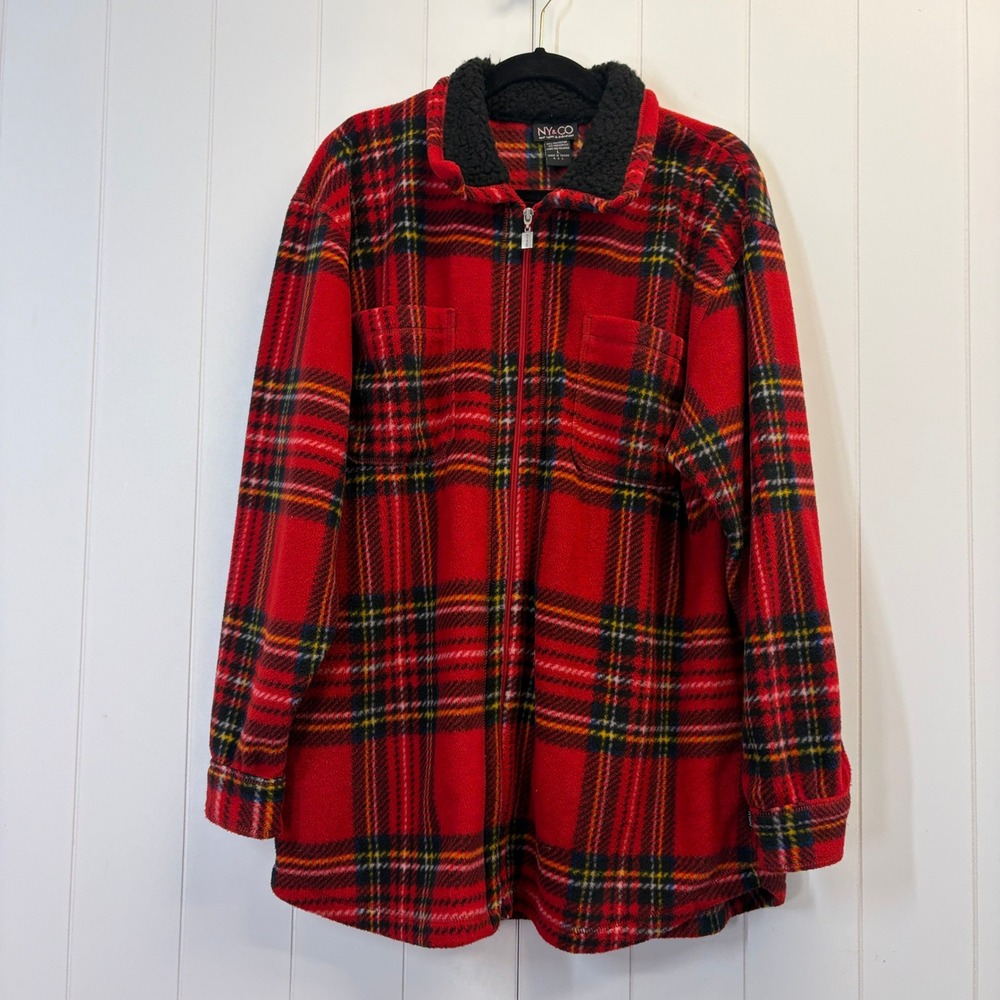 Vintage NY & CO Grunge Plaid Fleece Jacket Women Size XL Lumberjack Christmas